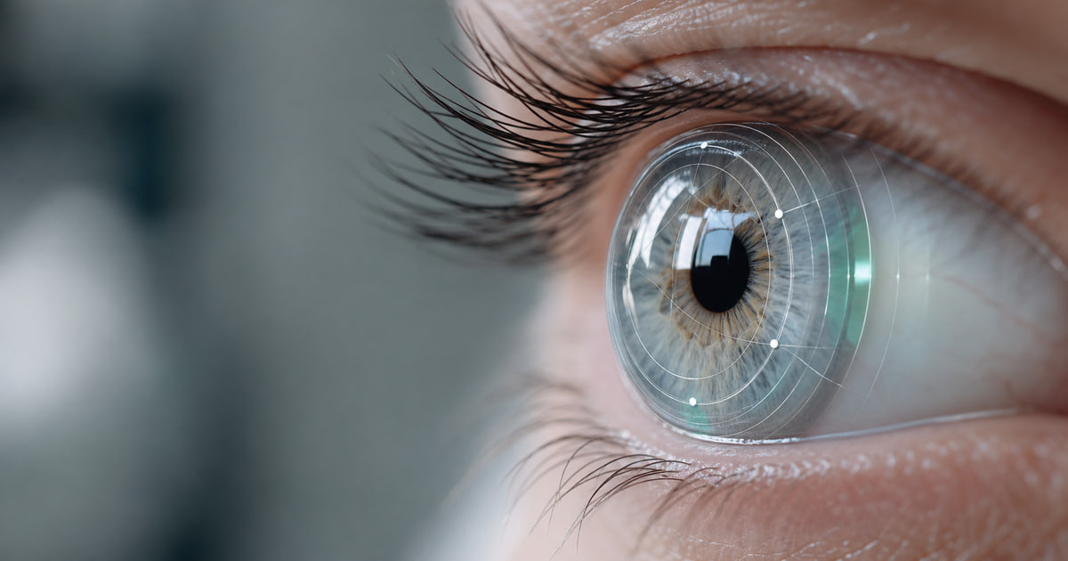 Auge mit Sklerallinse und abstrahierten Linien einer individuellen Freiformfläche
